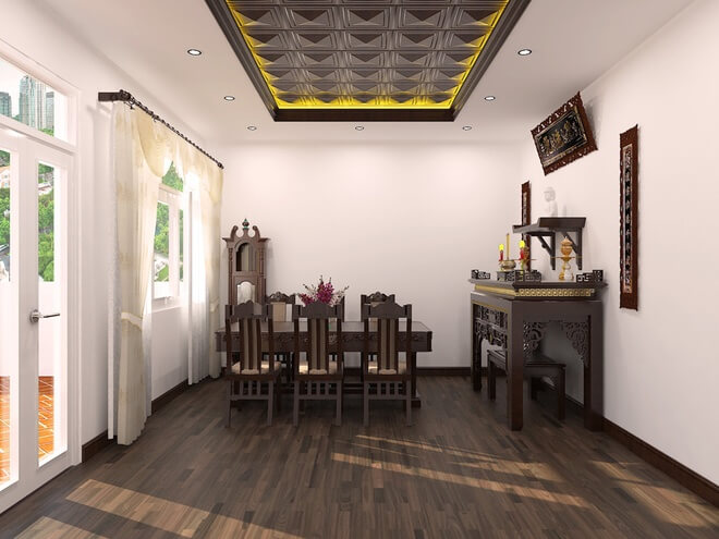 Mẫu nhà đẹp 3 tầng, với tông màu gỗ nâu sậm kết hợp với trắng, phòng thờ trang trọng.