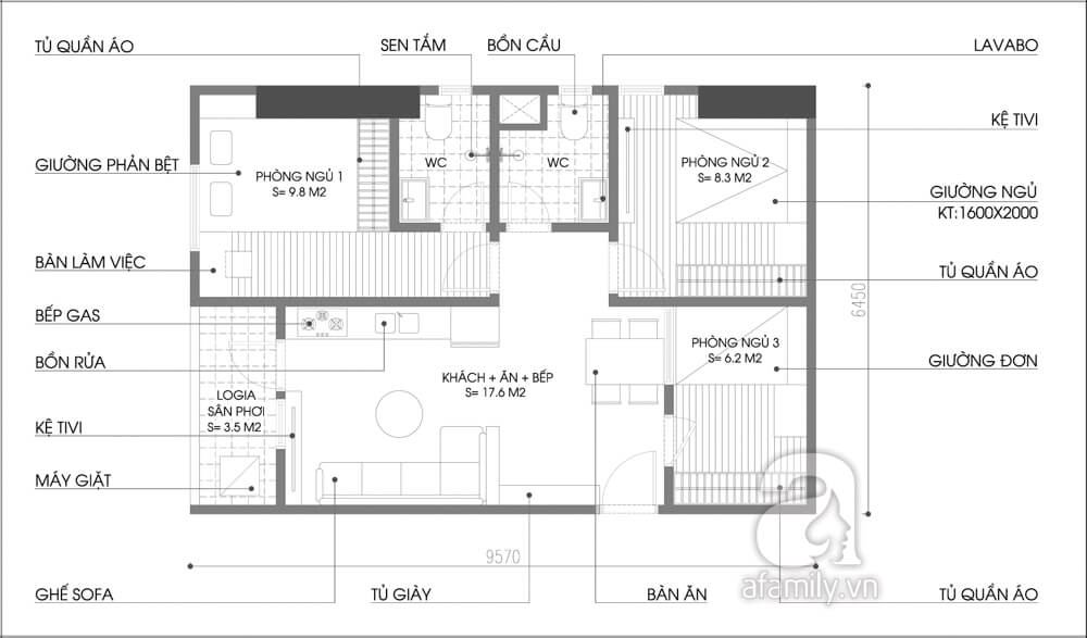 Mặt bằng sau khi Sửa thêm phòng ngủ