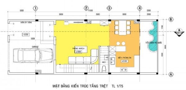 Mặt bằng thiết kế nhà sơn màu trắng chủ đạo tầng 1