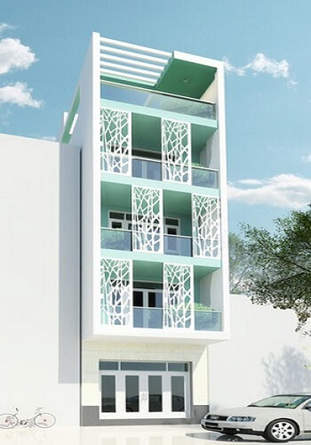 Hình ảnh 3D mặt tiền thiết kế nhà 4 tầng.