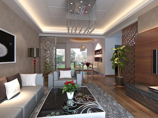 Đèn thả với những hạt đá pha lê sẽ là điểm nhấn trong mẫu thiết kế nội thất phòng khách đẹp, sang trọng cho nhà bạn
