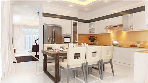 Cải tạo sửa chữa nhà phố với phòng bếp với tông màu trắng kết hợp hệ chiếu sáng được bố trí khéo léo sưởi ấm cho gian bếp.