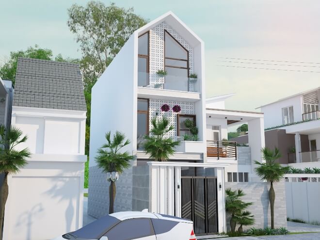Mặt tiền ngôi nhà trong mẫu thiết kế nhà ống 3 tầng.