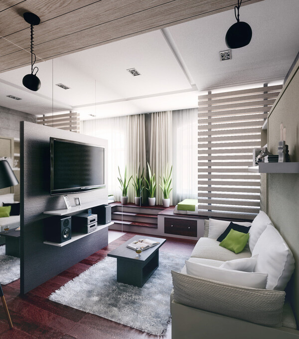 Khu vực tiếp khách siêu thoáng đãng với sofa phòng khách, hệ giải trí tiện nghi, sau khi sửa nhà chung cư diện tích nhỏ này.