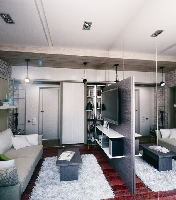Khu vực tiếp khách siêu thoáng đãng với sofa phòng khách, hệ giải trí tiện nghi, sau khi sửa nhà chung cư diện tích nhỏ này.