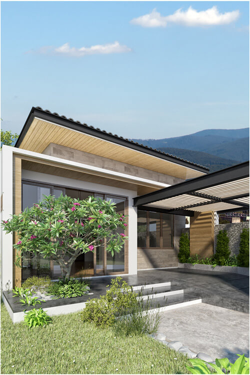 Thiết kế nhà 1 tầng, mặt tiền ngôi nhà đẹp mắt và được phủ kín bởi cây xanh, mát mẻ.