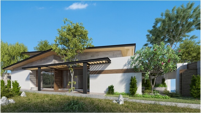 Thiết kế nhà 1 tầng, mặt tiền ngôi nhà đẹp mắt và được phủ kín bởi cây xanh, mát mẻ.