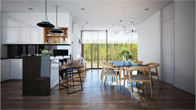 Thiết kế nhà 1 tầng trên diện tích khá rộng rãi nên bếp và phòng ăn được bố trí tách biệt khỏi phòng khách.
