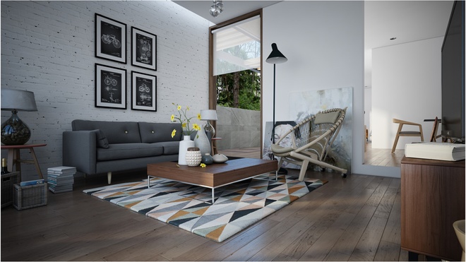Màu sắc chủ đạo trong mẫu thiết kế nhà 1 tầng là trắng và xám với nhiều tranh ảnh trang trí.