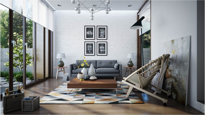 Màu sắc chủ đạo trong mẫu thiết kế nhà 1 tầng là trắng và xám với nhiều tranh ảnh trang trí.