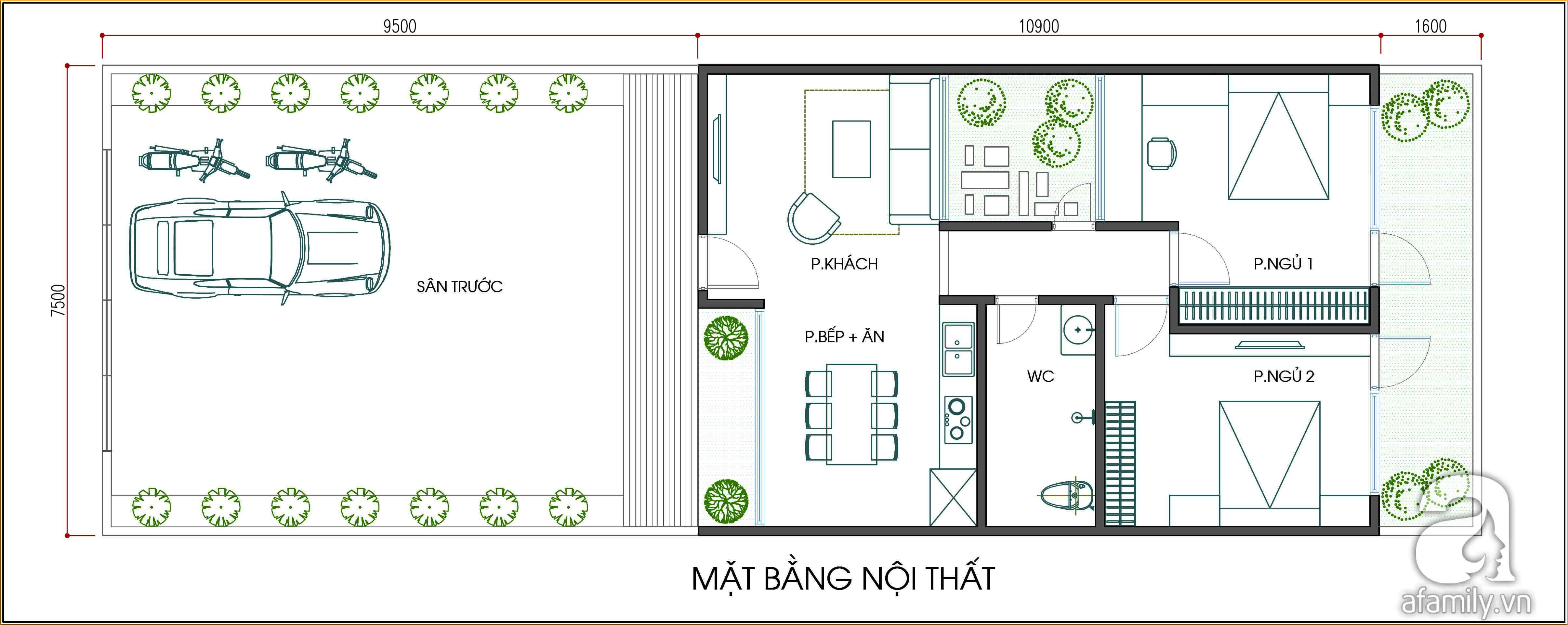Mặt bằng thiết kế nhà cấp 4 và bố trí nội thất.