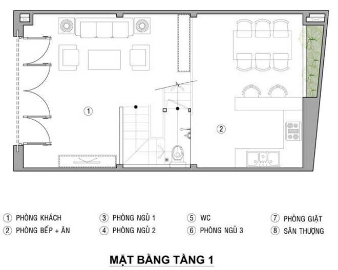 Thiết kế nhà 21 m2 có ba phòng ngủ sáng thoáng với bản thiết kế mặt bằng tầng 1
