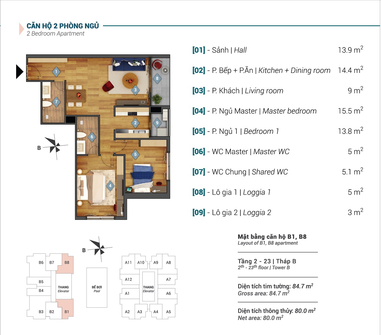 Mặt bằng căn hộ B2, B7 tòa B chung cư Sky Park Residence