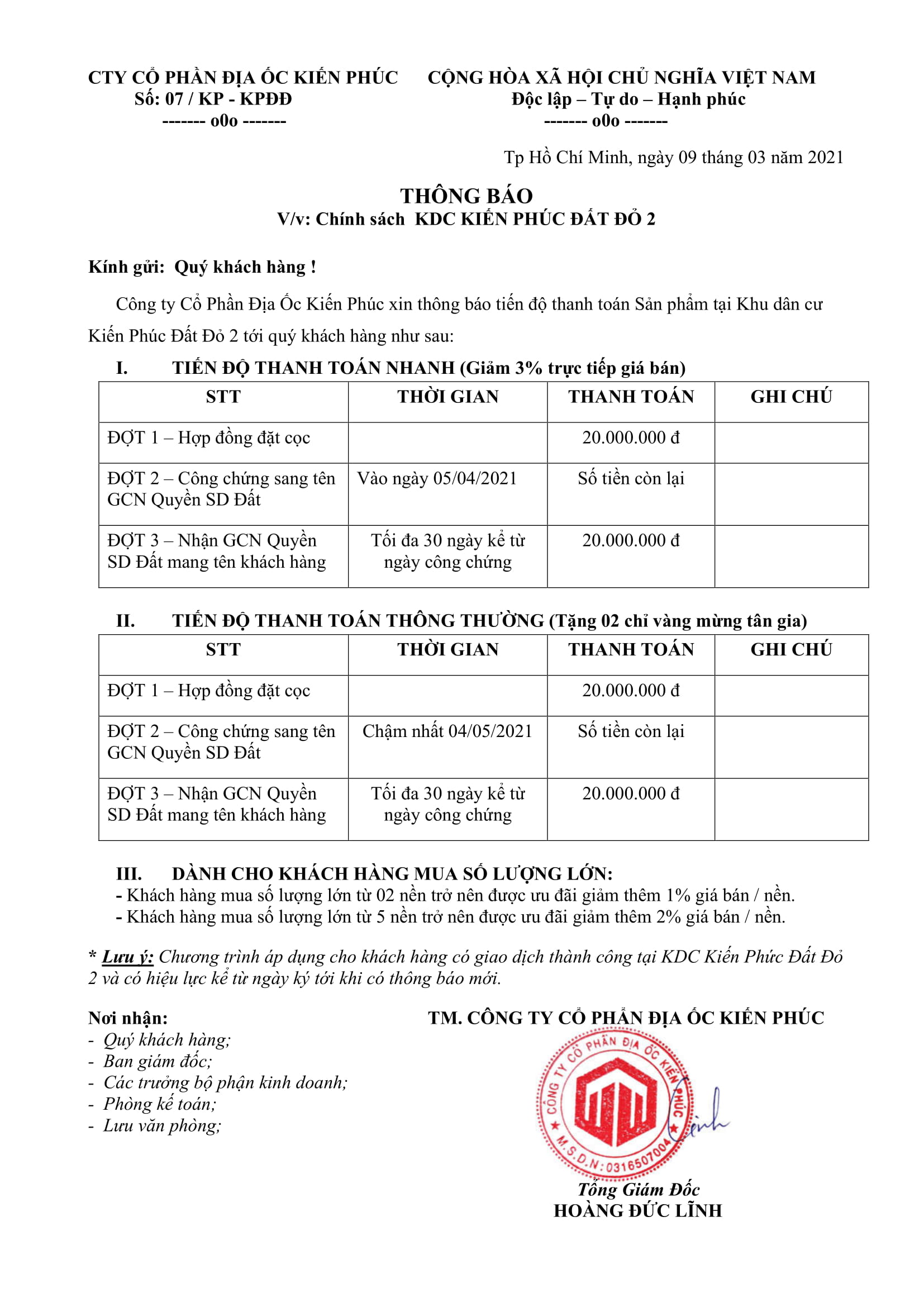 Tiến độ thanh toán dự án đất nền Hoàng Kim Central - Kiến Phúc Đất Đỏ 2