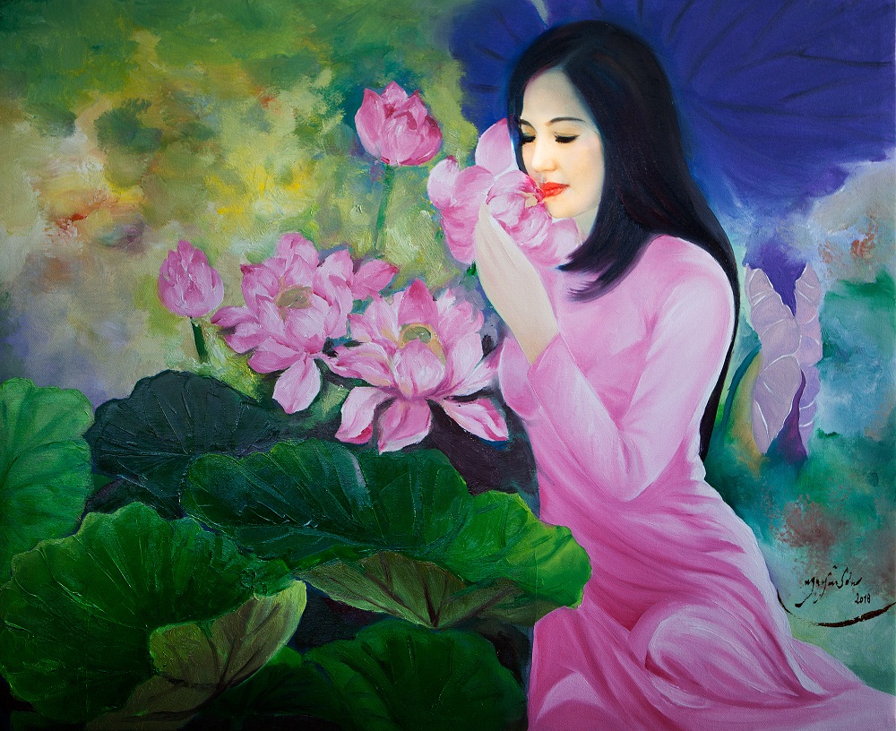 Tranh thiếu nữ bên hồ sen Tranh thiếu nữ bên hồ sen