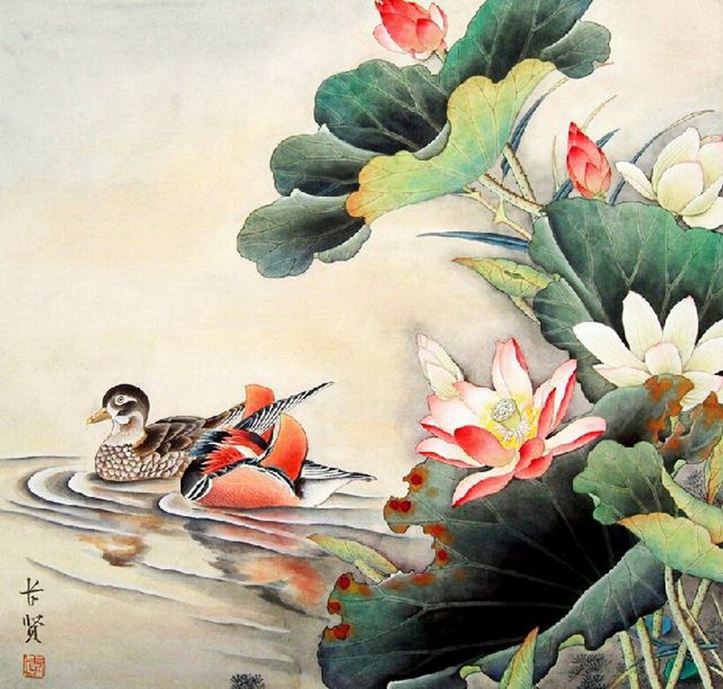 Tranh Uyên ương và hoa sen Tranh Uyên ương và hoa sen