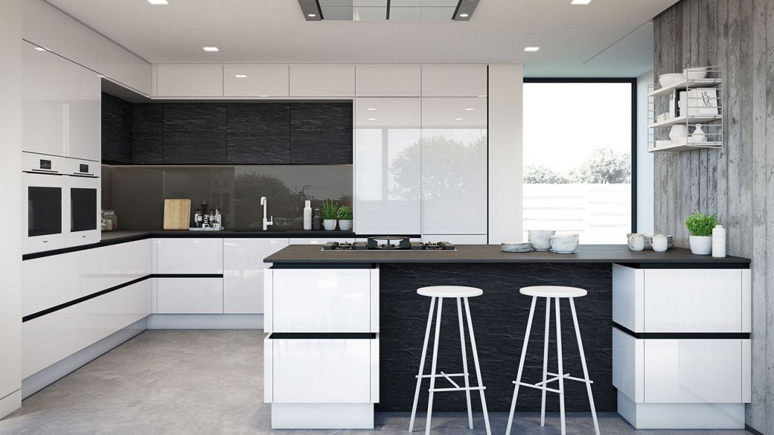 Màu đen được sử dụng để làm điểm nhấn không gian cho căn bếp với đồ nội thất trắng, đen hiện đại. Màu đen được sử dụng để làm điểm nhấn không gian cho căn bếp với đồ nội thất trắng, đen hiện đại.