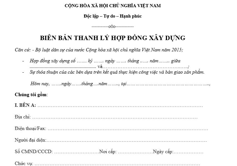 Mẫu biên bản thanh lý hợp đồng xây dựng mới nhất Mẫu biên bản thanh lý hợp đồng xây dựng mới nhất