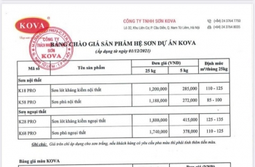 BẢNG GIÁ BÁN LẺ HỆ SƠN DỰ ÁN KOVA - BỘ TỨ SIÊU ĐẲNG - Dòng sản phẩm CHUYÊN BIỆT dành riêng cho các Dự án, Công trình xây dựng